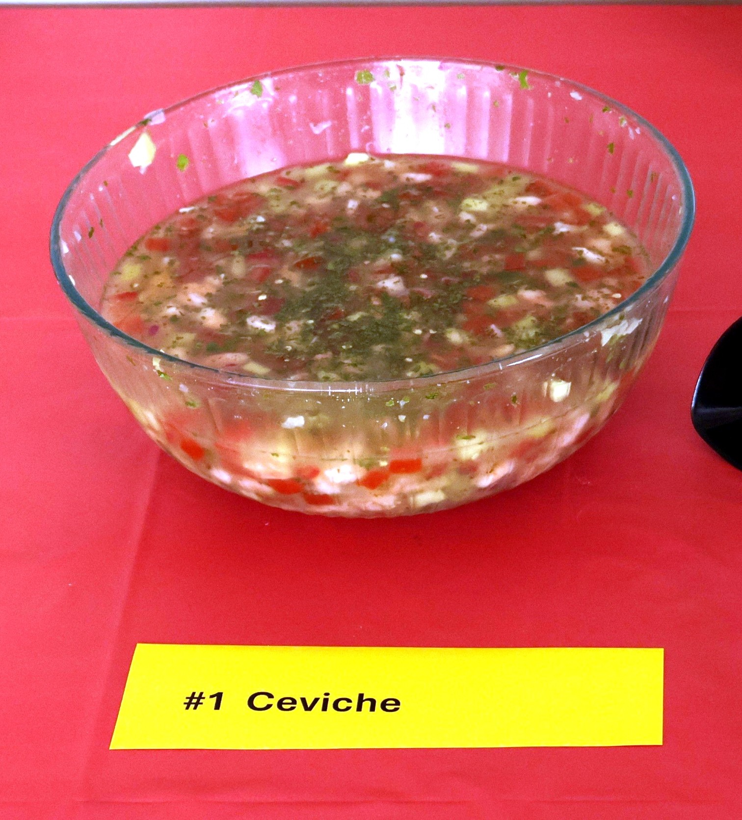 Image of ceviche on a red tablecloth